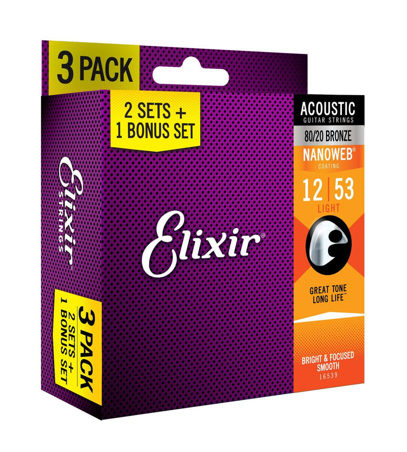 Elixir Nanoweb 80/20 Acoustic Guitar Strings 12-53 | Bonus 3-Pack
