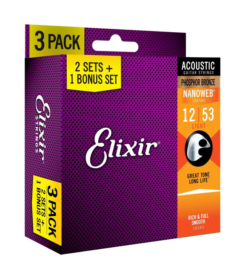 Elixir Nanoweb Phosphor Bronze Acoustic Guitar Strings 12-53 | Bonus 3-Pack
