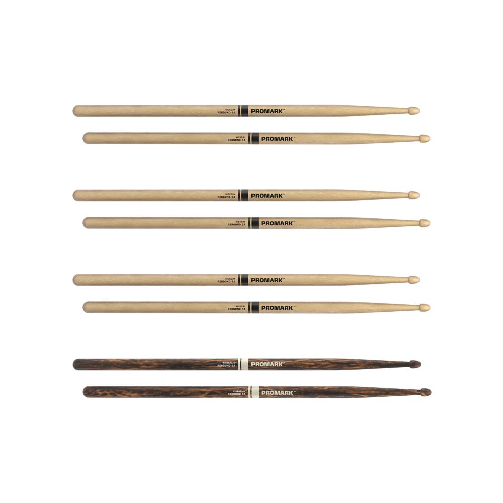 D'Addario ProMark Rebound 5A Hickory Drumstick, Acorn Wood Tip, FireGrain Bonus 4-Pack