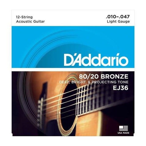 D'Addario 80/20 Bronze Acoustic Guitar Strings 12 String Light | EJ36