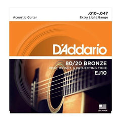 D'Addario 80/20 Bronze Acoustic Guitar Strings Extra Light | EJ10