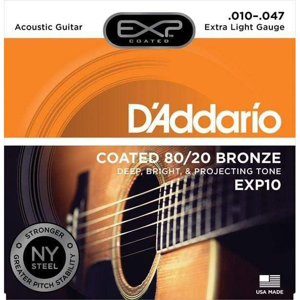 D'Addario EXP Coated 80/20 Bronze Acoustic Guitar Strings Extra Light | EXP10