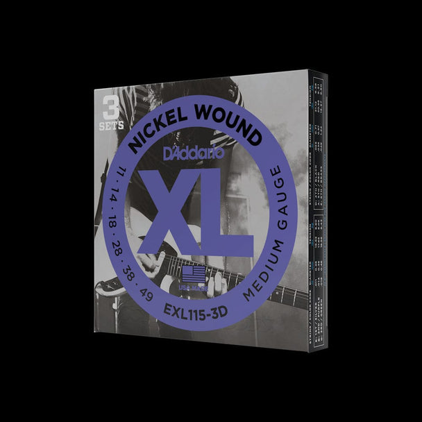 D'Addario Nickel Wound Electric Guitar Strings, 3 Sets, Medium/Blues-Jazz Rock, 11-49, 3 Sets | EXL115-3D