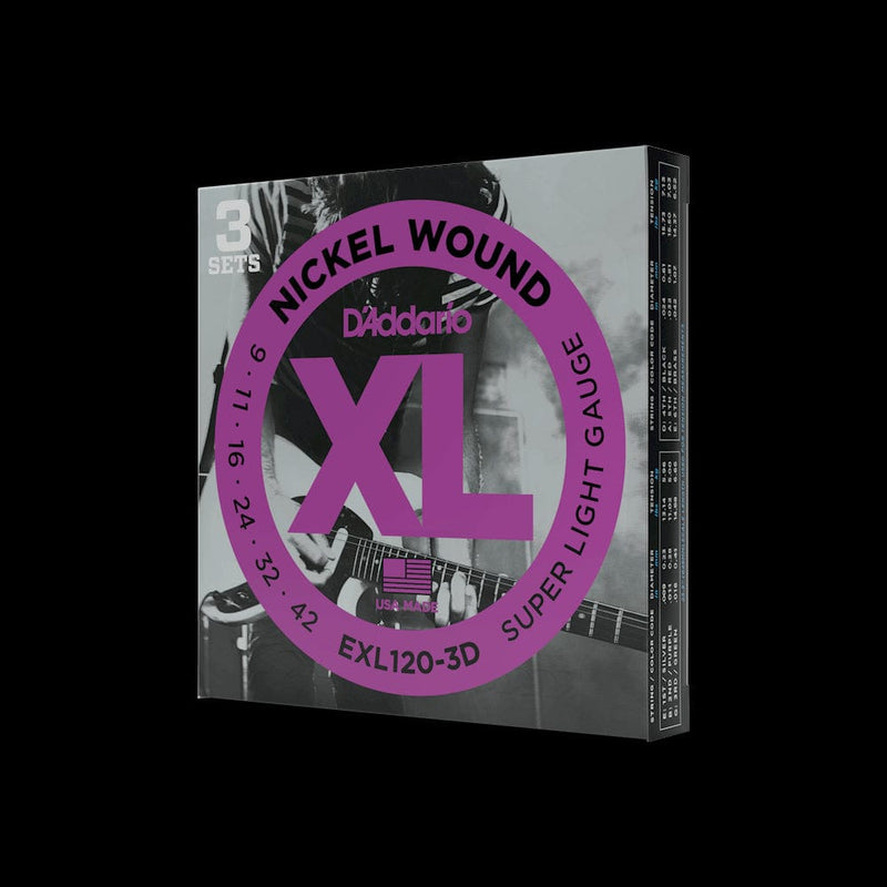D'Addario Nickel Wound Electric Guitar Strings, Super Light, 09-42, 3 Sets | EXL120-3D