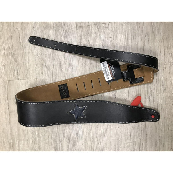 Henry Heller HPST-BLK Black Leather Guitar Strap with Vintage Blue Star