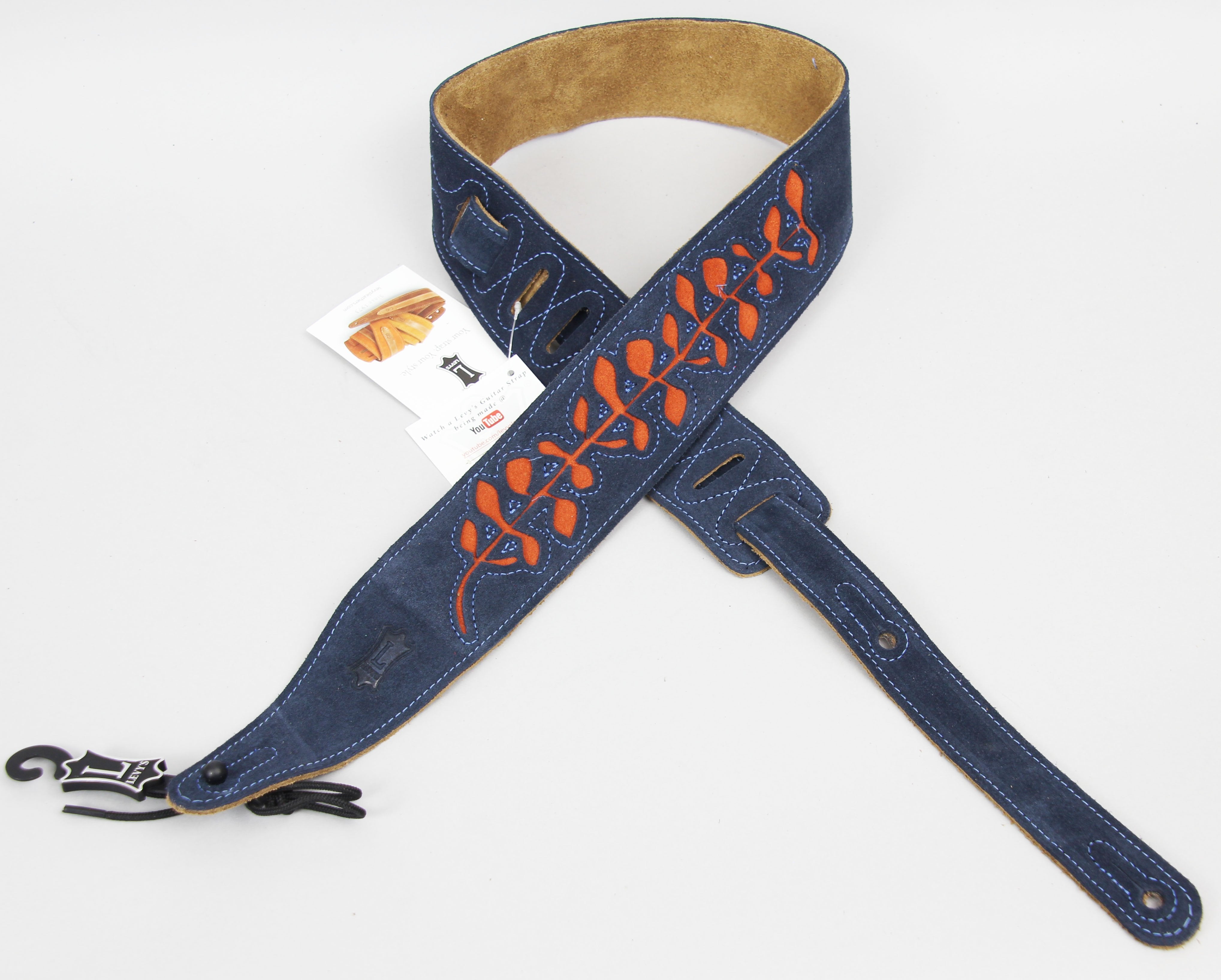 Levy's MS317WV-NAV Guitar Strap | Navy Suede Leather Vine In-Lay
